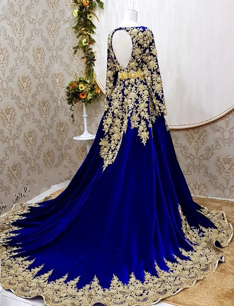 Sukienek Kaftan Marocain De Soirée Royal Blue wieczór z długim rękawem aplikacja linia Kaftan sukienka na studniówkę z Cape Vestidos Form