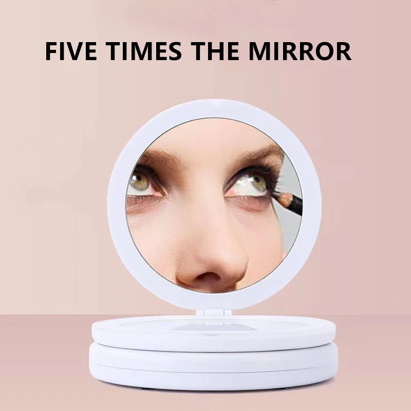 Trị-Gấp Gọn LED Gương Trang Điểm 5X Phóng Đại Mỹ Phẩm Có Gương USB HD Vanity Gương Đựng Mỹ Phẩm Dụng Cụ Đèn LED Để Bàn USB Sạc