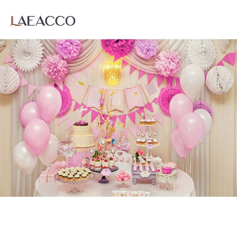 Laeacco Gray Baby Child Birthday Party Post Banner Photography Backdrops Pink Balloons Photocall Backgrounds Photo Shoot Studio