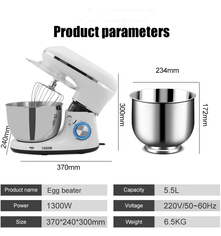 1300W 5.5L Stainless Steel Bowl 10-speed Kitchen Food Stand Mixer Cream Egg Whisk Blender Cake Dough Bread Mixer Maker Machine