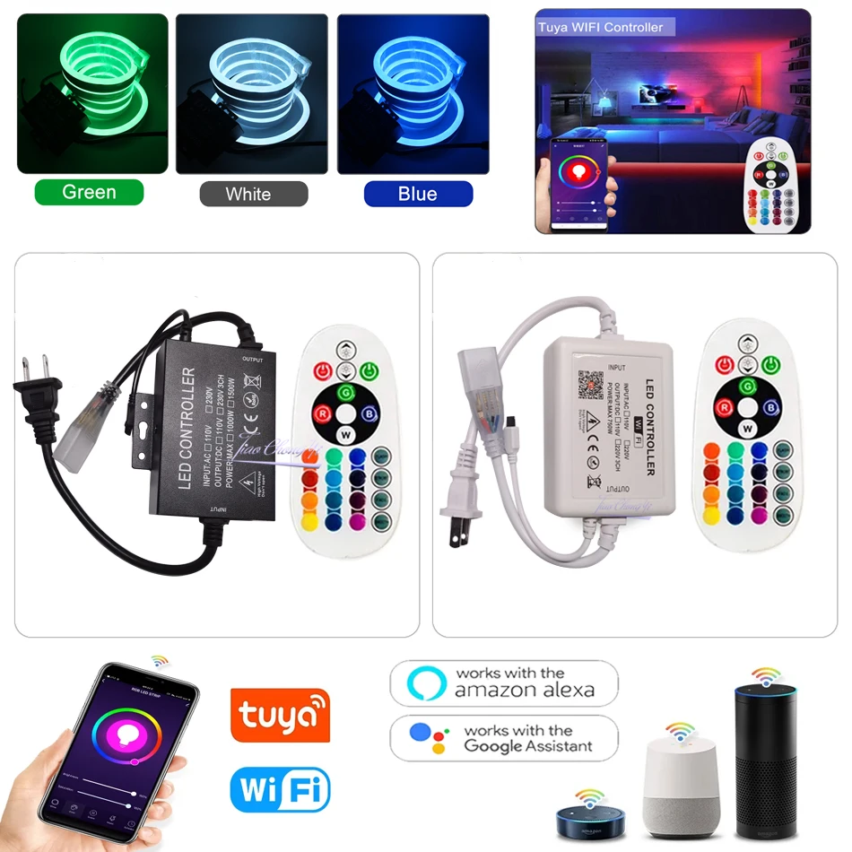 AC110V-220V Tuya WiFi APP LED controller mit 24key IR fernbedienung Für 5050 110V 220V RGB LED Streifen Neon licht EU UNS stecker