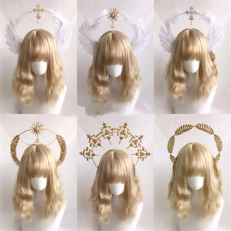 Gothic Lolita Feather Wings Goddess Church Pope Golden Hair Ornament Devil Gorgeous Vintage Virgin Mary Tiara Headwear