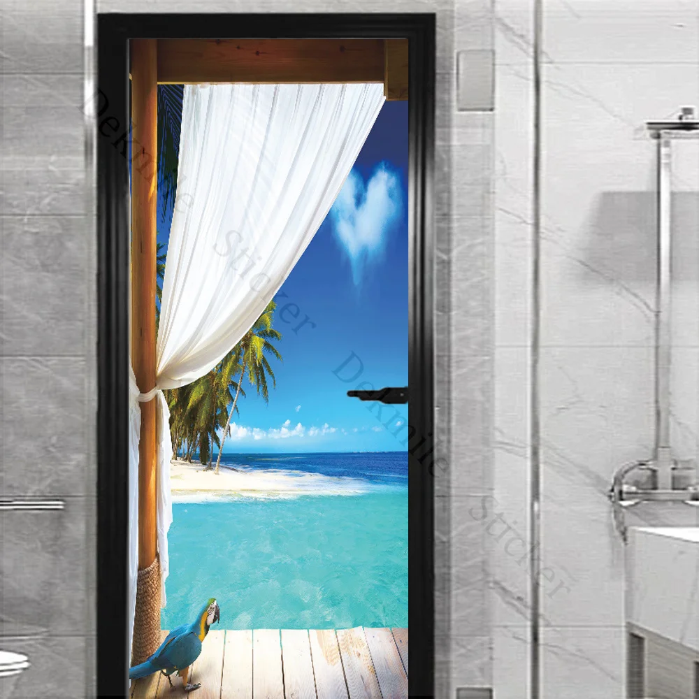 Seasons Landscape Window Stickers Door Sticker Self Adhesive PVC Waterproof Home Wall Decor Poster Decals Red Phone Booth Murals