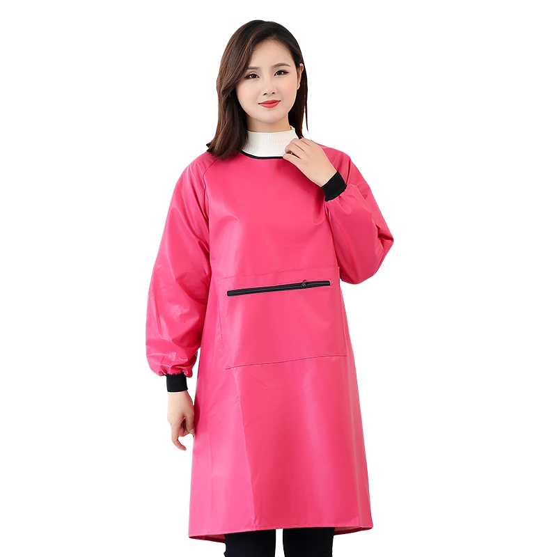 Long-sleeve PU Leather Apron Kitchen Cooking Pet Shop Waterproof Oil-proof Soft Anti-wear Gown Adults Women's Overall Big Pocket