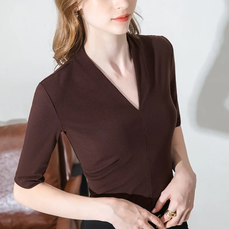 Womens top Lady  Half sleeve V-collar tshirt  Solid color  all match Basic Shirt Causal lady office Blause