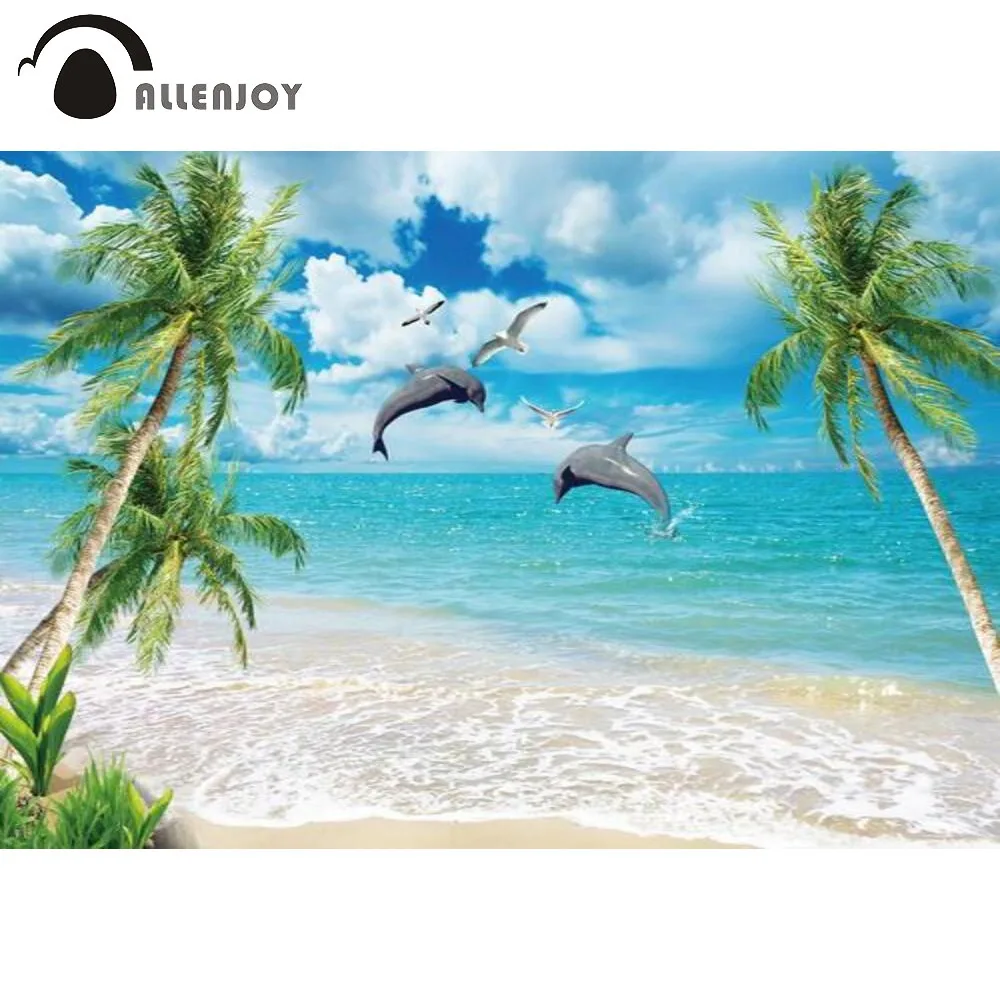 

Allenjoy Summer Tropical Beach Photography Backdrop Dolphin Seaside Scene Background Decoraions Party Photo Banner Supplies