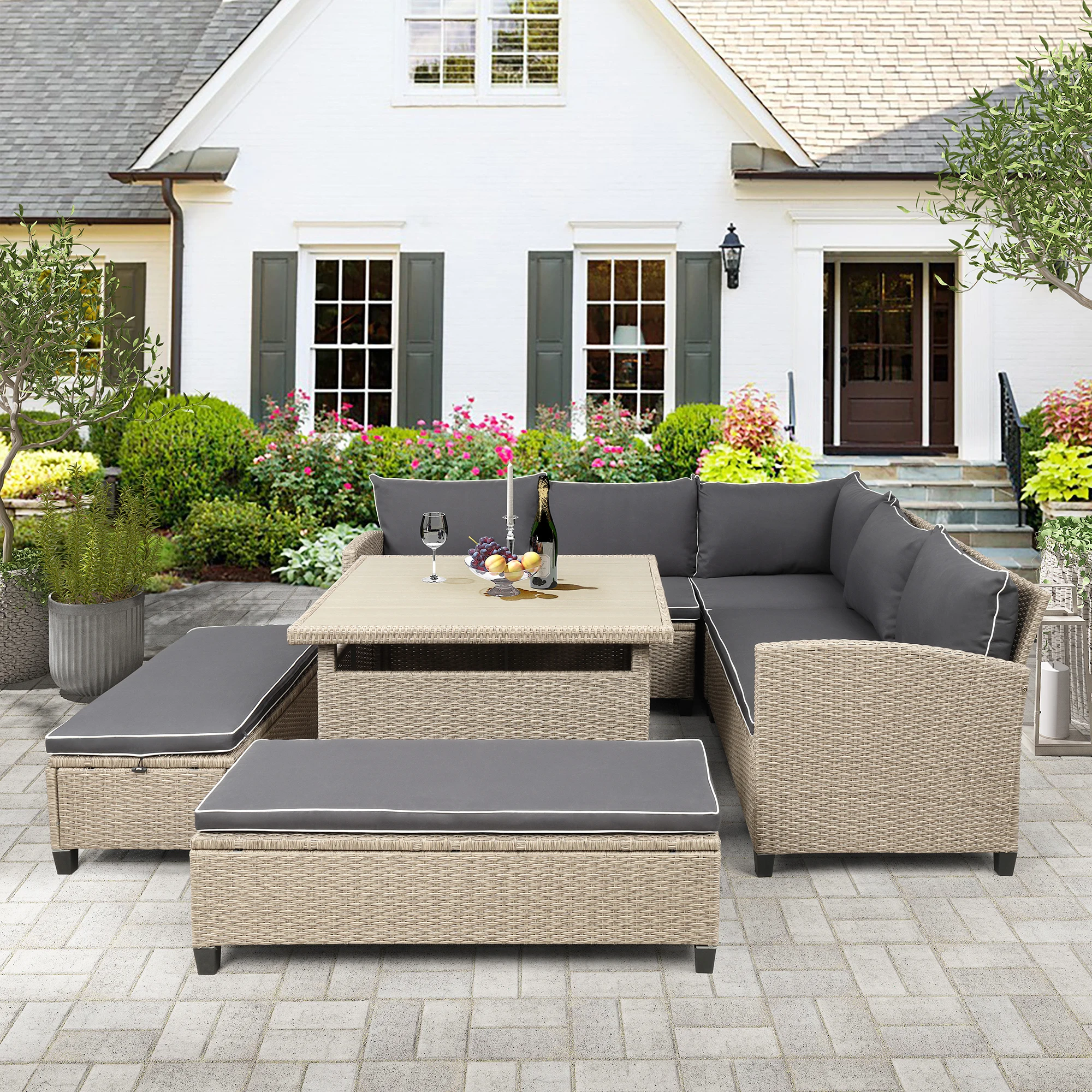 6-Piece Outdoor Wicker Rattan Sectional Sofa Patio Furniture Set with Table and Benches for Backyard Garden Poolside[US-Depot]