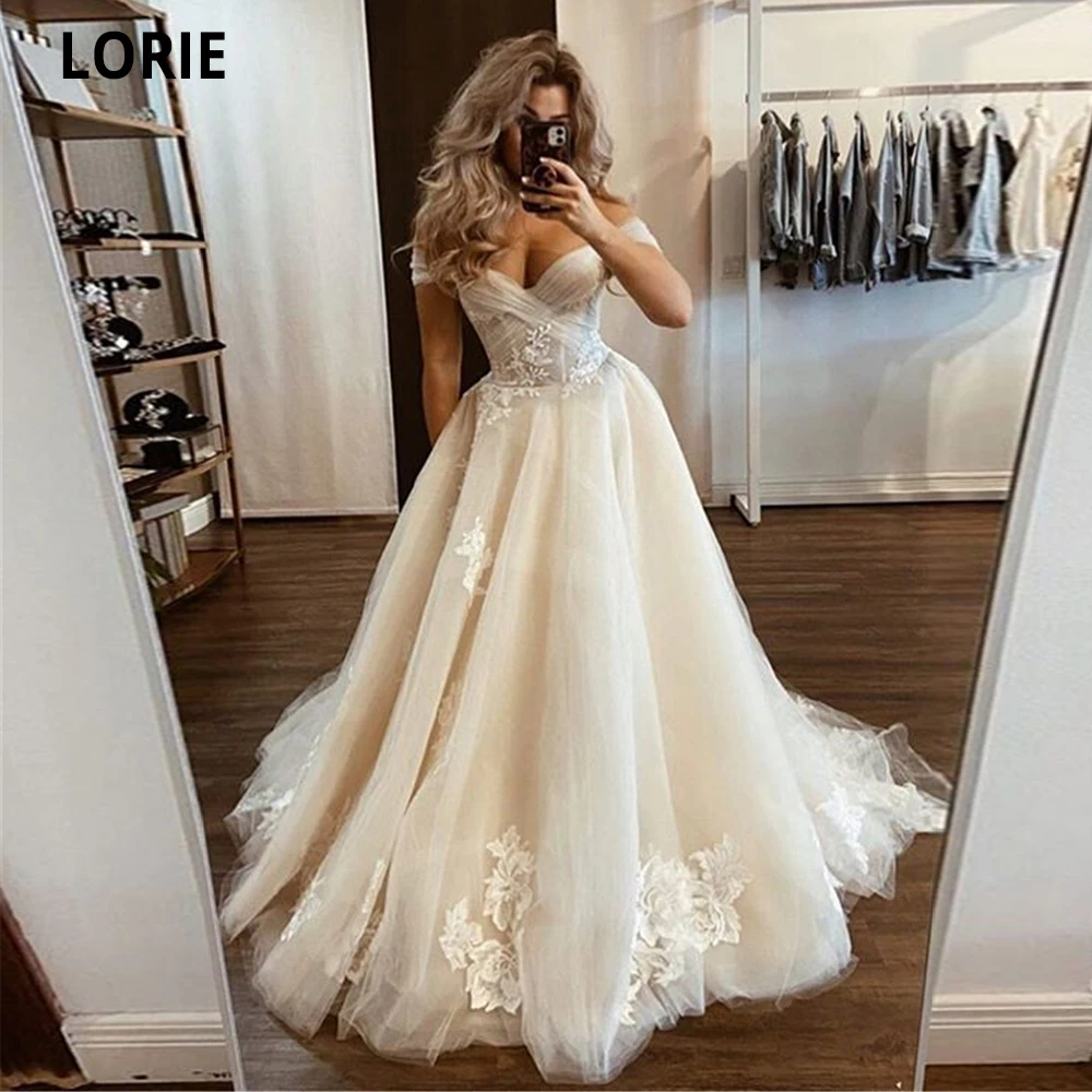 LORIE Off The Shoulder suknie ślubne Bohomia bez pleców koronkowe aplikacje dostosowane tiulowe suknie ślubne plażowe sukienka na imprezę wiejską
