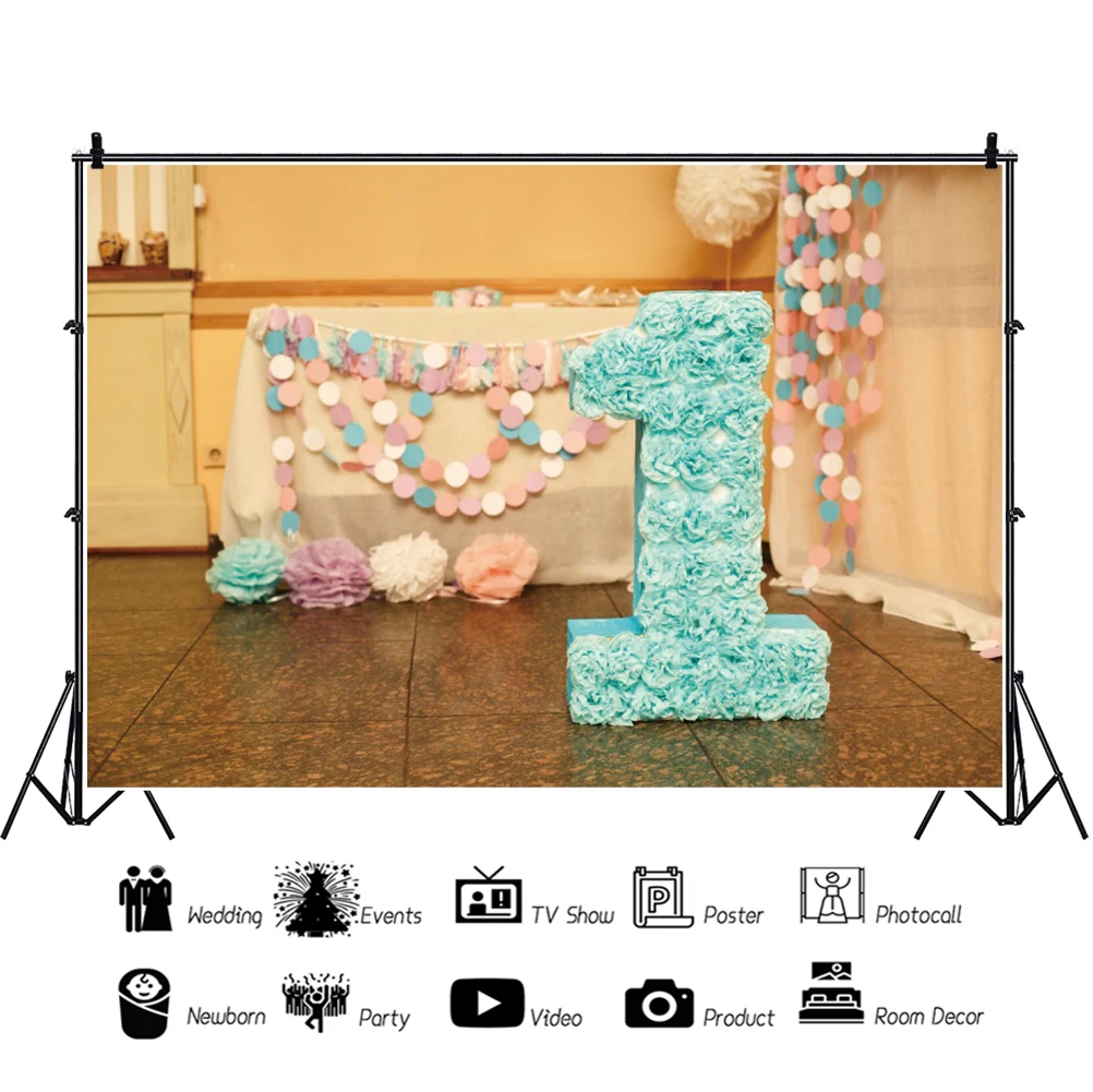 Children 1st Birthday Scene Portrait Photography Backdrop Prop Room Decor Flowers Number Floor Baby Party Photocall Background