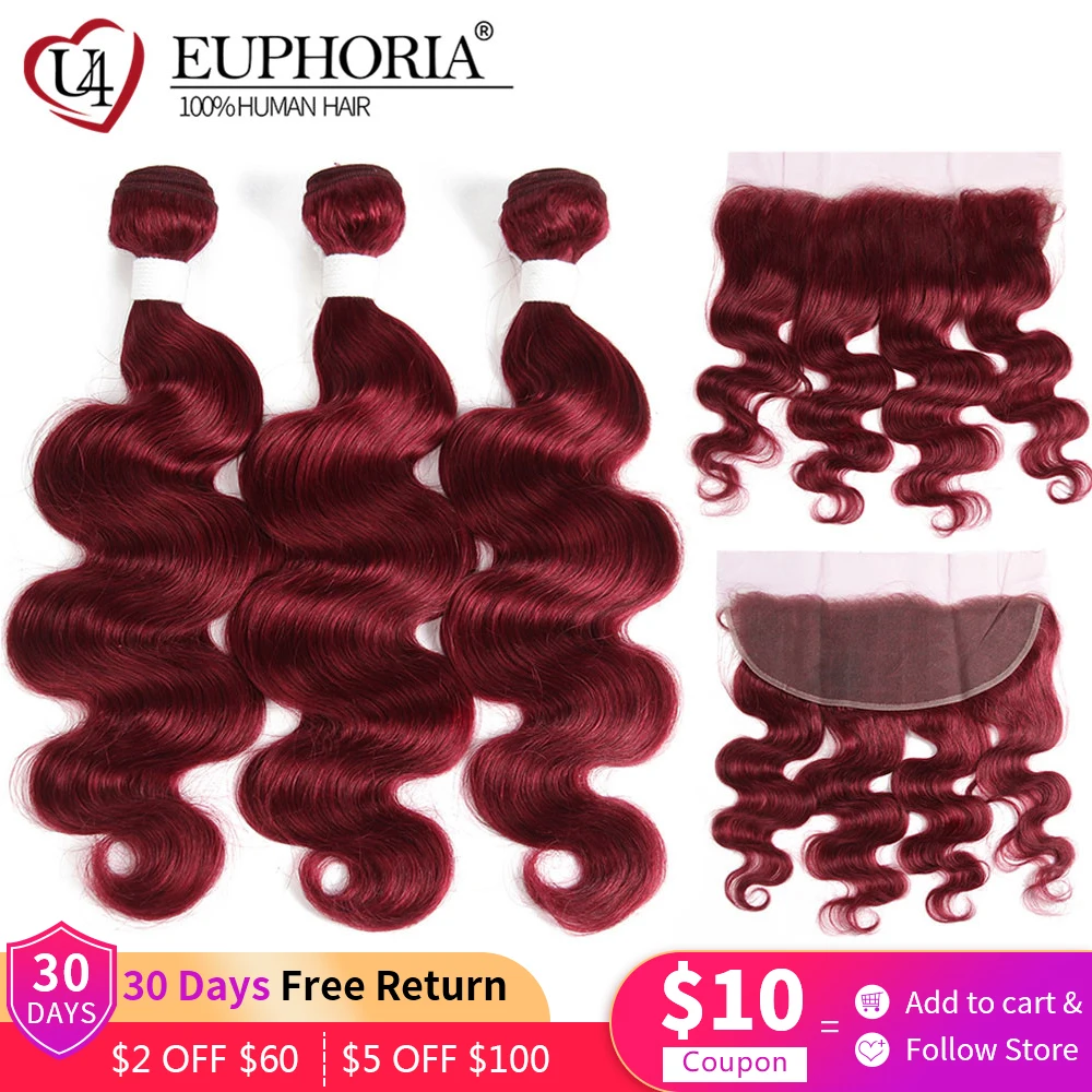 EUPHORIA-mechones de cabello humano Remy brasileño rojo 99J con encaje Frontal 13x4, mechones ondulados, 3 mechones con cierre de encaje Frontal