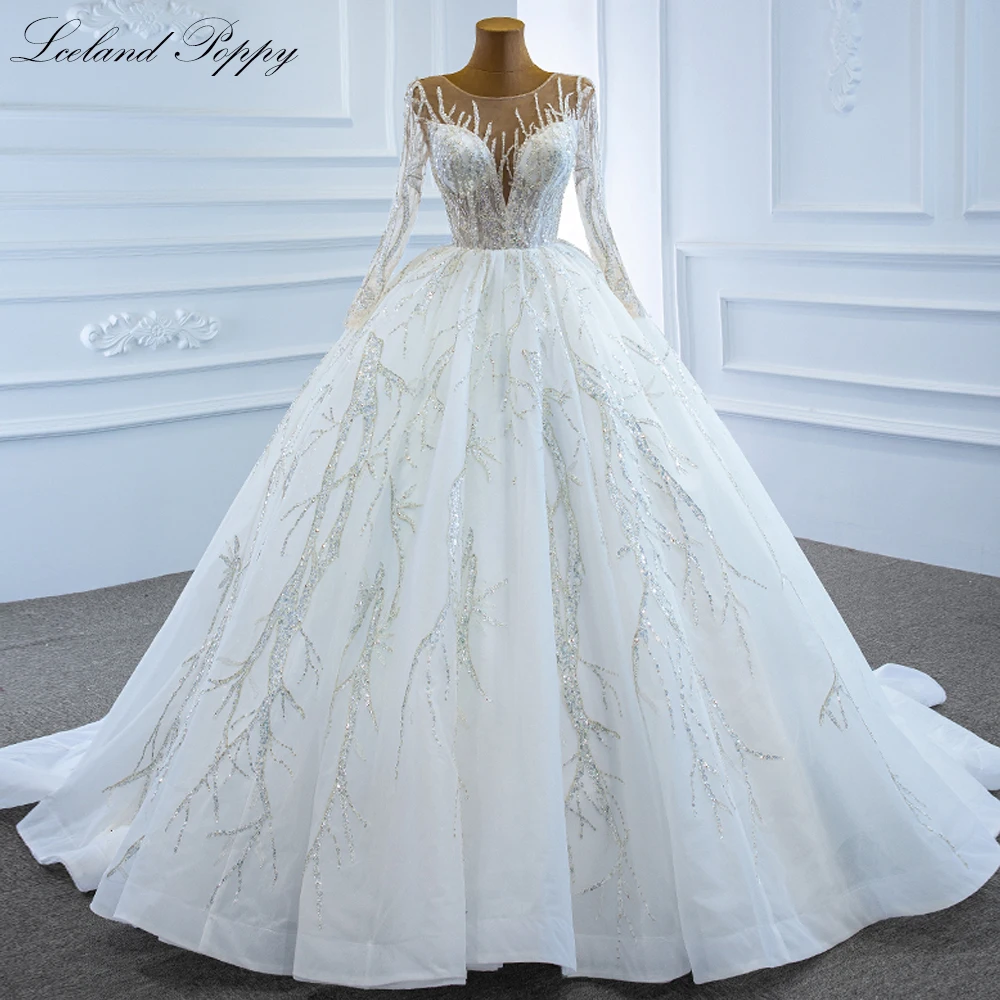 

Lceland Poppy Scoop Neck Ball Gown Wedding Dresses Full Sleeves Sequined Beaded Floor Length Bridal Gowns with Chapel Train