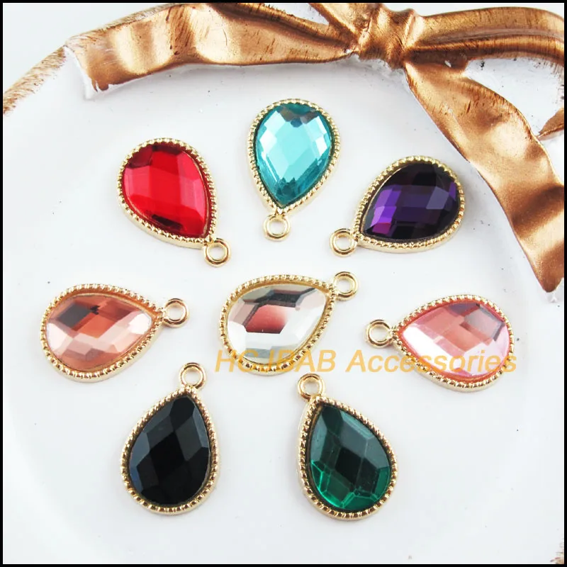 16Pcs Gold Plated Retro Teardrop Mixed Crystal Charms Pendants 13x19.5mm