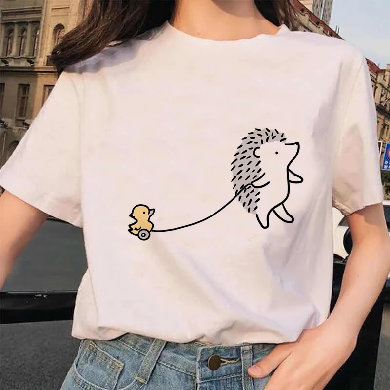 Kawaii Hedgehog and Cat Graphic Tees Cartoon Tshirts Gothic Tshirt Women T Shirt Korean Punk Clothes Dropshipping tops tshirts