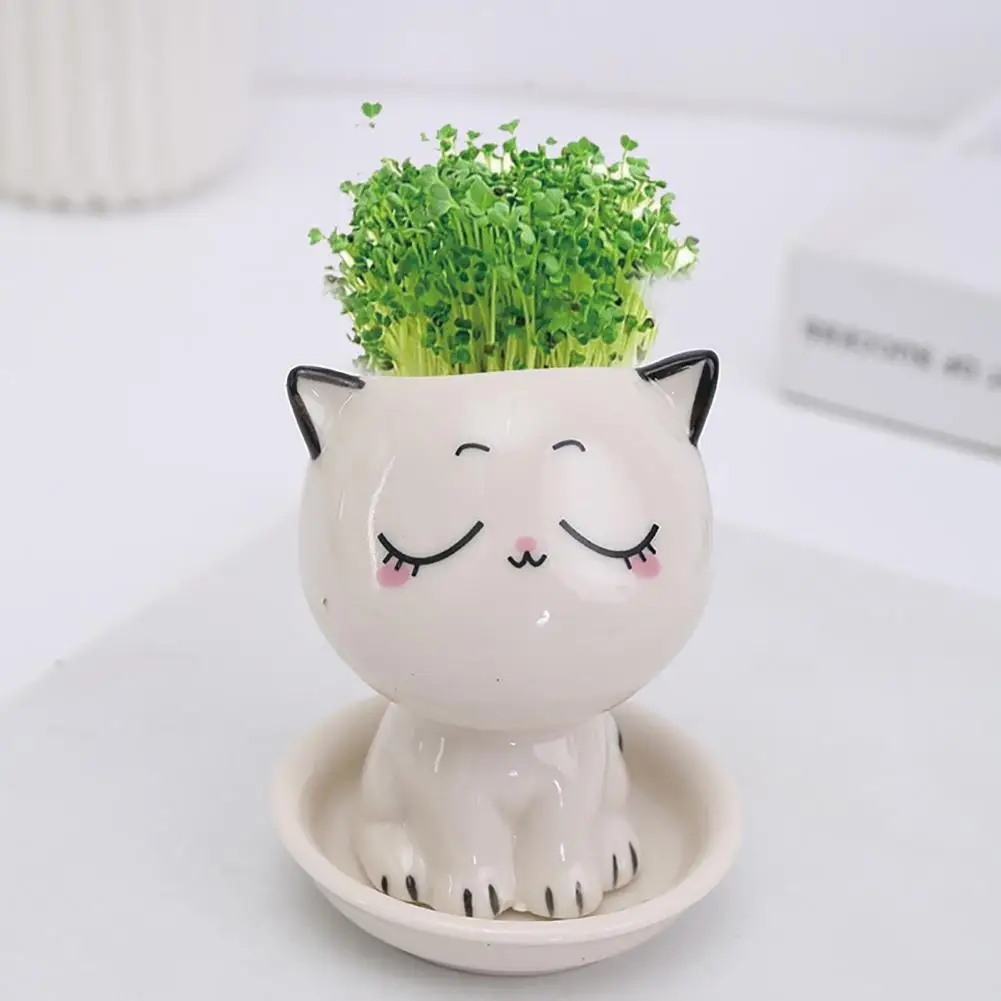 Mini Cat Shaped Ceramic Flowerpot Cartoon Cute Hand Desktop Potted Plant Pot Landscaping Decoration Desk Decorate Small Ornament