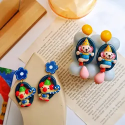 925 Needle Handmade Cartoon Circus Clown Earrings For Women Ear Clip Long Girls Resin Funny Jewelry