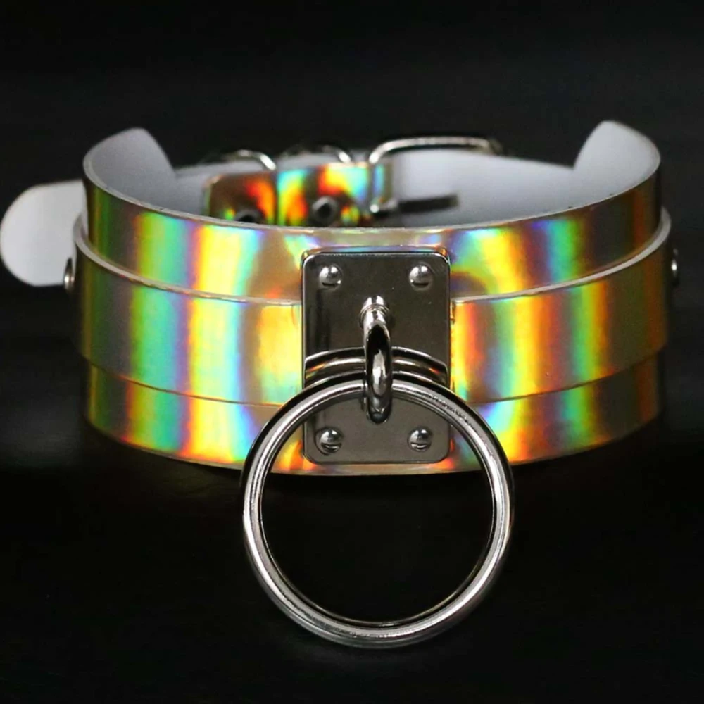 Personality punk exaggerated laser glowing neck big O round metal BDSM slave-sex slave collar choker