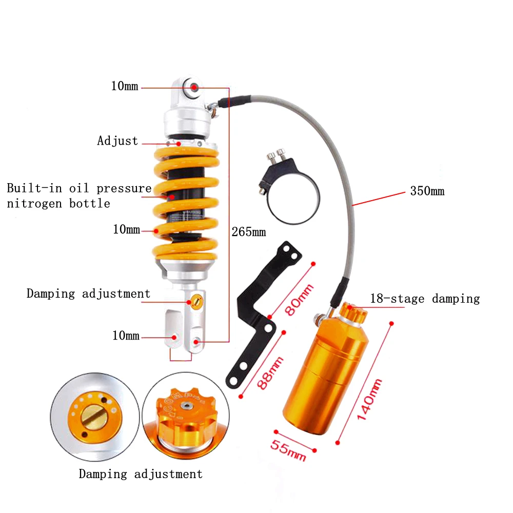 1pcs 265mm Motorcycle Rear Damping adjustment Built-in hydraulic airbag shock absorber For Honda Yamaha Kawasaki Suzuki