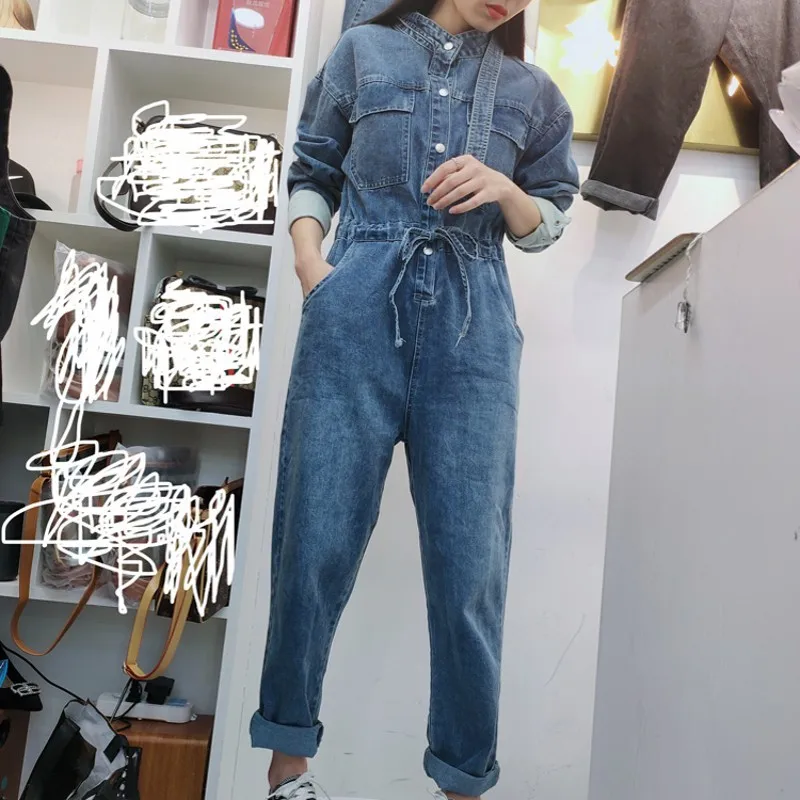 ยูโรฤดูใบไม้ร่วงสตรี Cargo DENIM Jumpsuits แขนยาวคอสูงเอวหลวม FIT ข้อเท้าความยาวกางเกงหลวมๆ