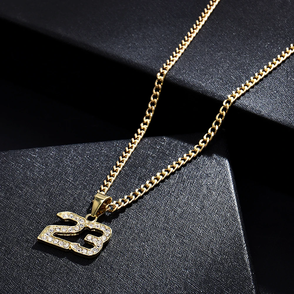 New Arrival Crystal Hip Hop Basketball Legend Number 23 Necklaces & Pendants Bling Gold Cuban Chain Necklace Jewelry For Men