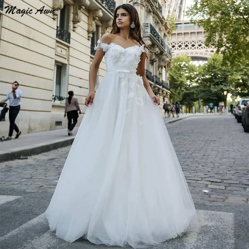 Mágica awn vestidos de casamento com pérolas, ombro vazado, florais 3d, boho, festa de casamento, rendas, costas nuas