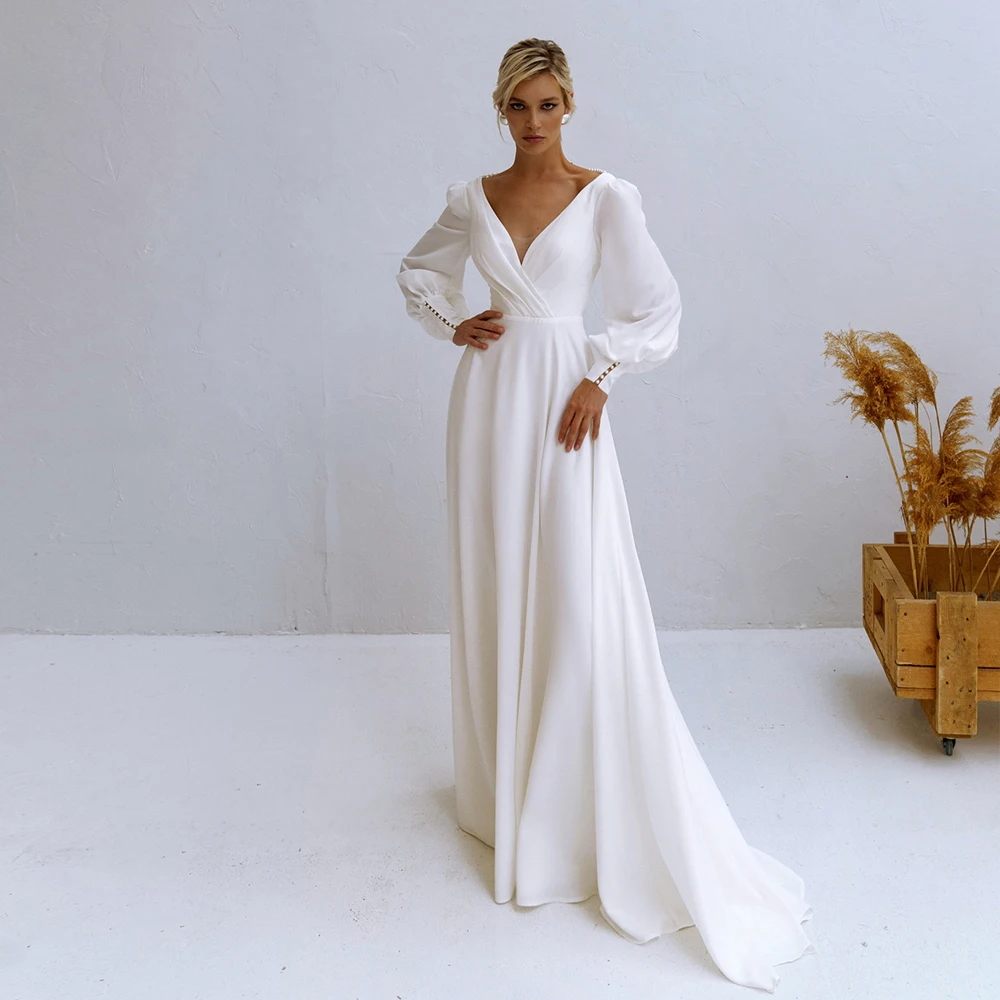 Abito da sposa semplice con spacco bianco per donna con maniche lunghe Slim scollo a V abito da sposa civile elegante Robe De Mariage 2021 nuovo