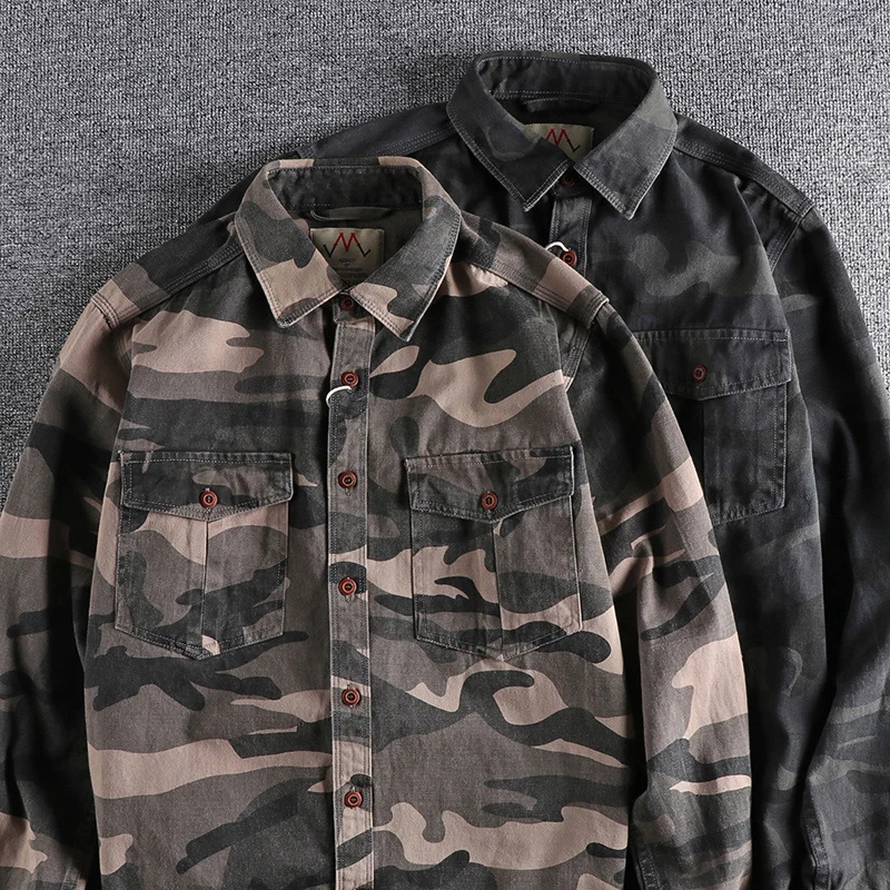 Autumn New American Retro Tooling Camouflage Shirt Men\'s Fashion Long Sleeve Loose Pure Cotton Washed Old Casual Blouses Coat