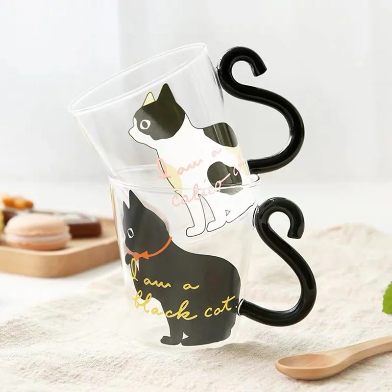 Cute Cat Glass Cup Coffee Cup Milk Tea Coffee Office Mug Cocktail Glass Wine Glasses Cat Tail Handle Valentines Day Gifts