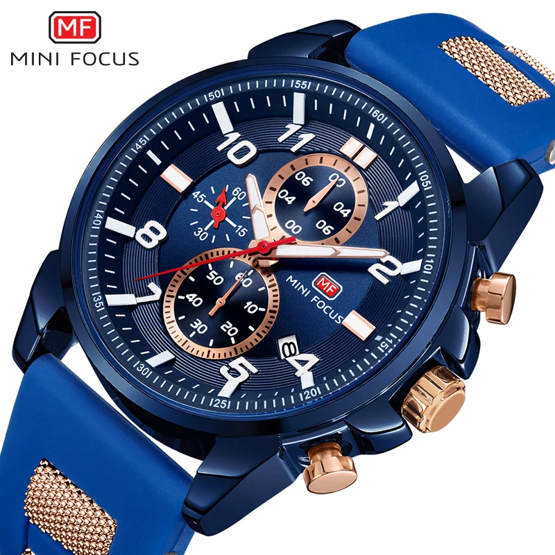 MINI FOCUS Chronograph Quartz Watches Men Blue Silicone Army Sport Top Brand LuxuryWristwatch Man Relogios Masculino Clock 0268