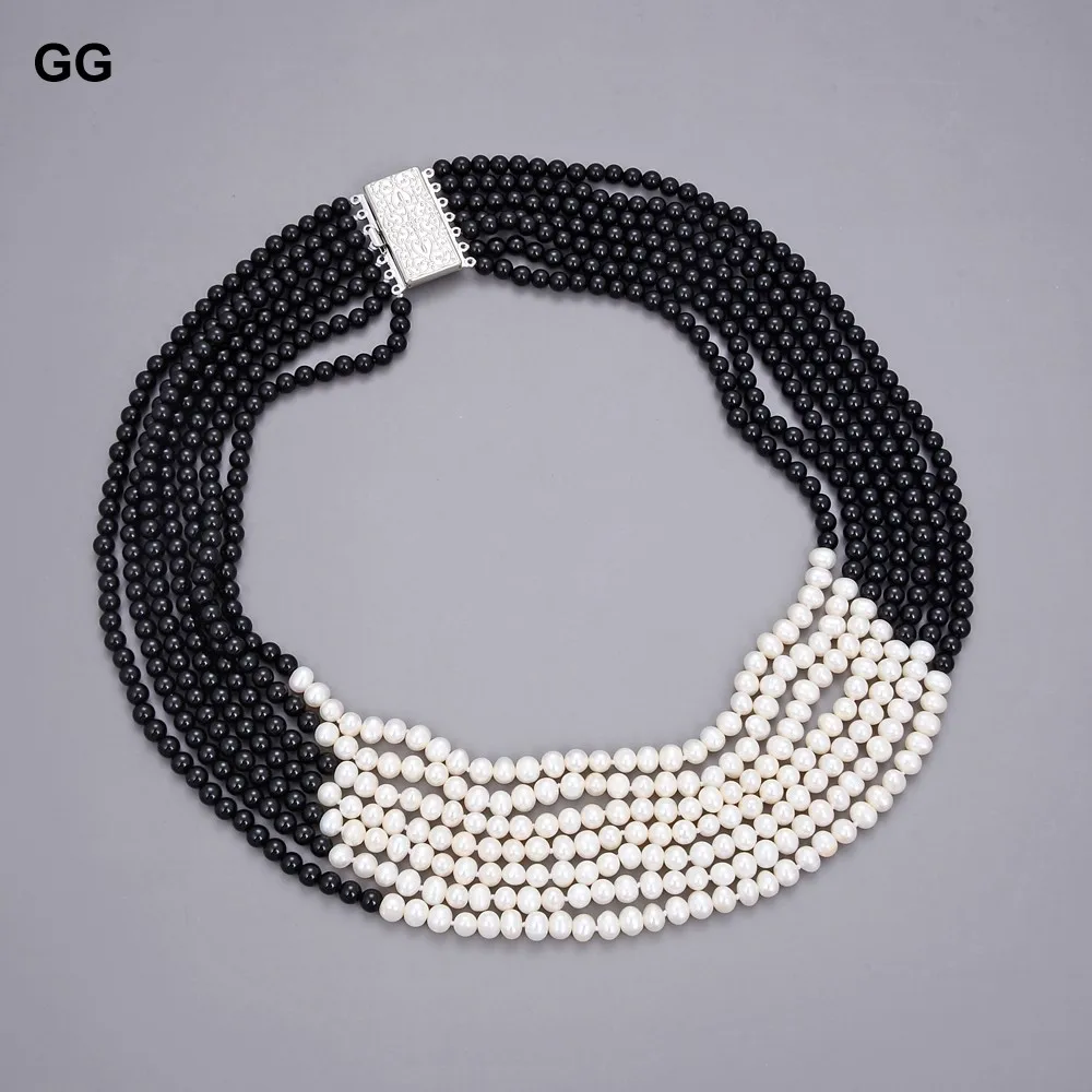 GuaiGuai Jewelry 7 Strands Natural White Pearl Onyx Necklace Multi Strands Pearl Necklace 19\