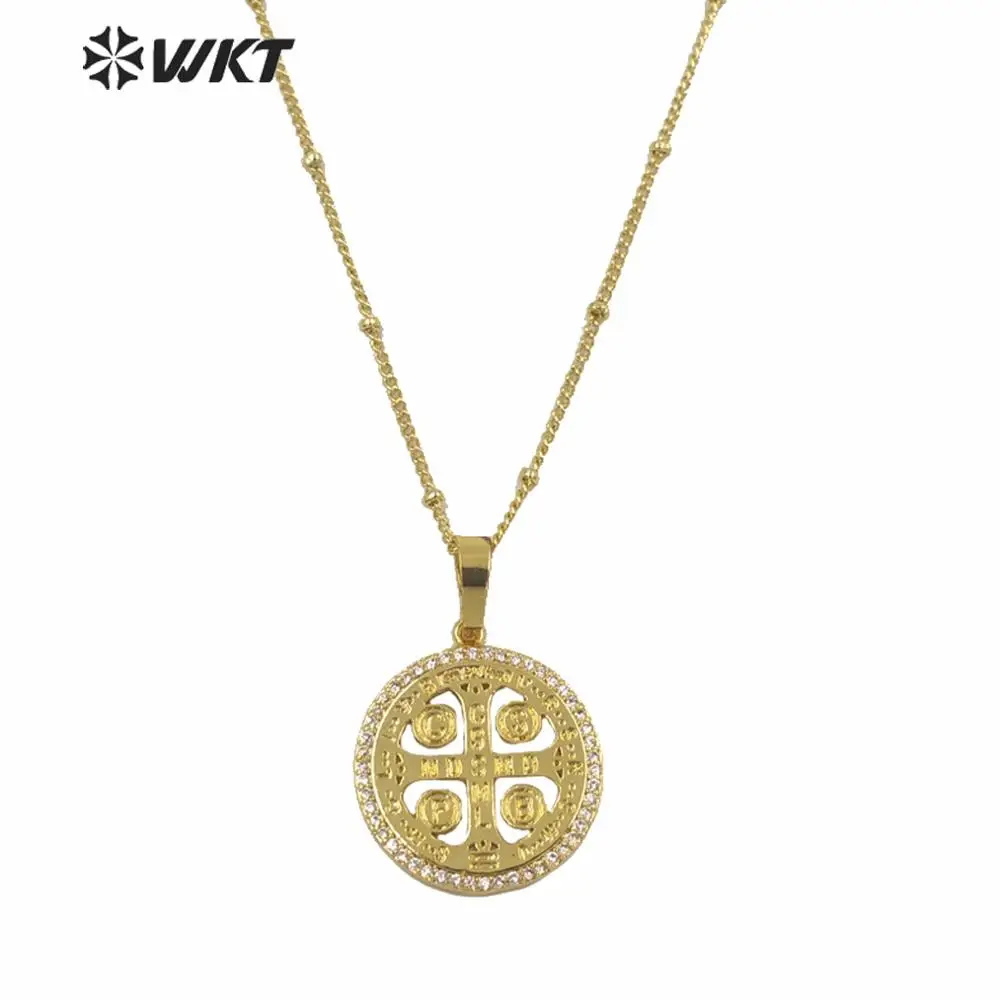 

WT-MN969 Women Electroplated Round Religious Cross Necklace Yellow Brass Gold Metal Round Coin Fashion Sale