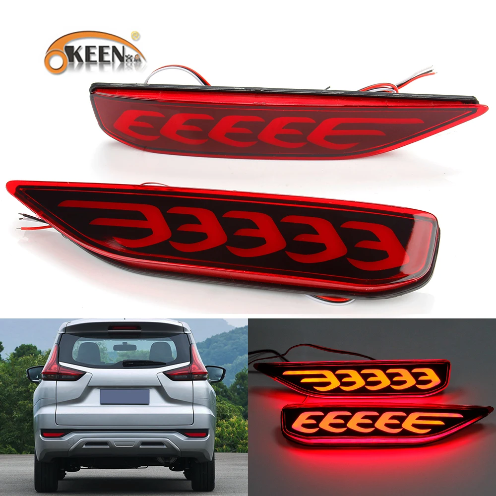 OKEEN 2pcs Car LED Rear Bumper Reflector Light For Mitsubishi X-Pander 2017 2018 2019 Driving Light Brake Light Red Fog Lamp 12V