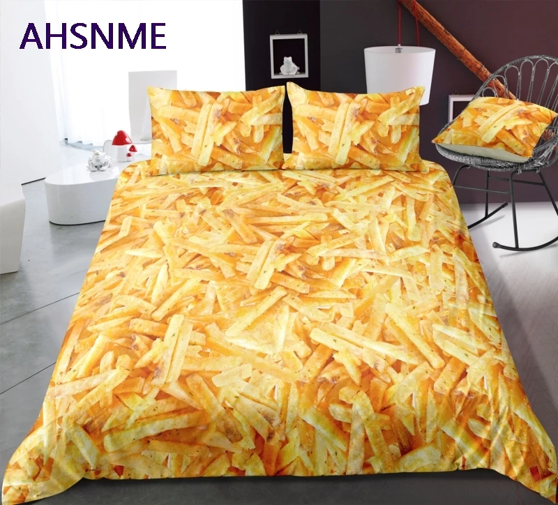 AHSNME Real 3D Pattern Food Theme Cover Set Polyester Golden Fries Bedding Set Super King Queen Full Twin Size Bed Set