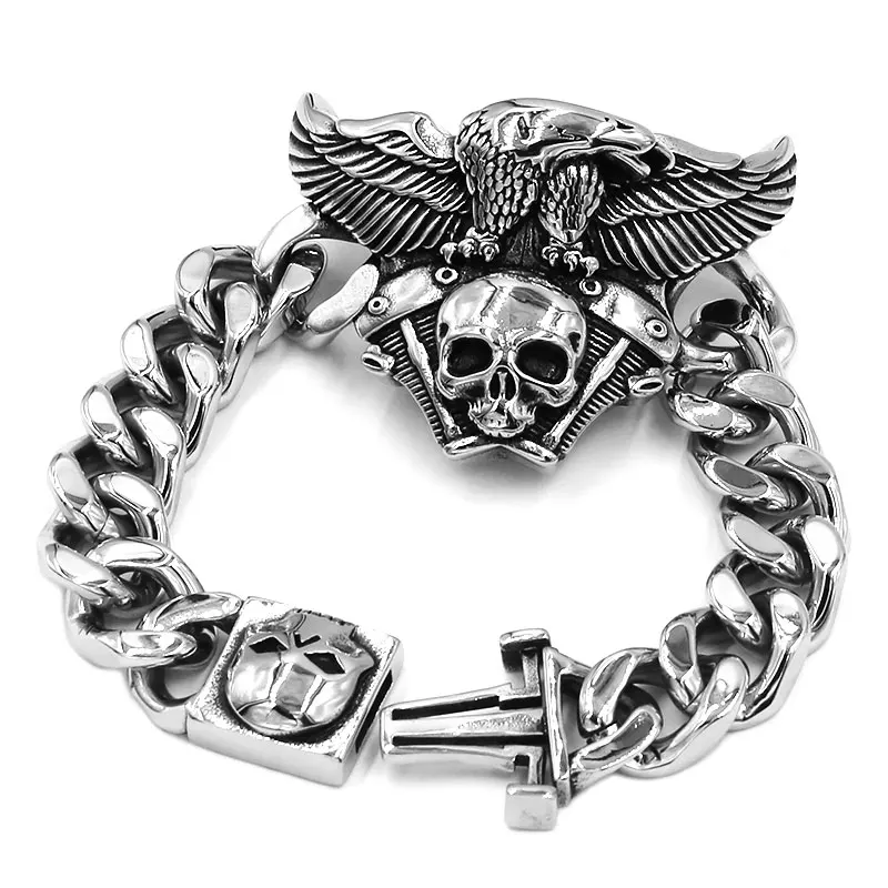 Engine Skull Eagle Bracelet Stainless Steel Titanium Jewelry Large Personality Vintage Skull Biker Mens Boys Bracelet SJB0368