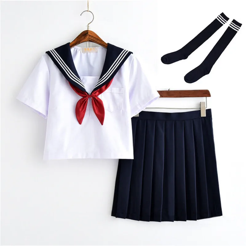 สีขาวชุดนักเรียนญี่ปุ่น Class Navy Sailor โรงเรียนเครื่องแบบนักเรียนเสื้อผ้าสำหรับสาวอะนิเมะ COS กะลาสี Navy ชุด