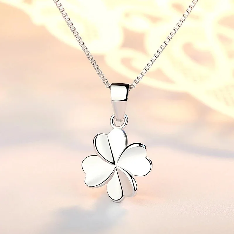 LYSFS Authentic Silver Four Leaf Clover Charm Necklace Ladies Silver Lucky Clover Jewelry