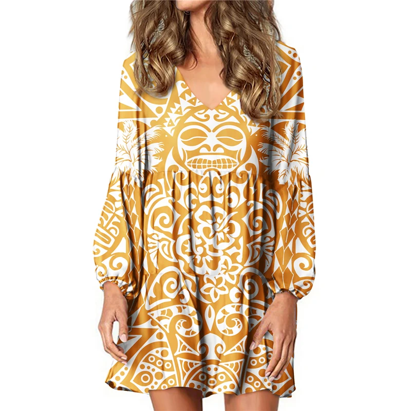 Hycool New Arrival Samoan Tribal Print Yellow Casual Dresses Wholesale Polynesia Women Clothing Sexy V-Neck Lantern Sleeve Dress