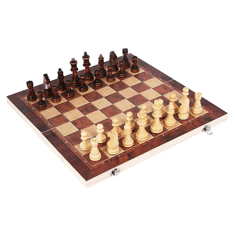 3 In 1 Foldable Wooden International Chess Set Solid Wood Chessboard Backgammon