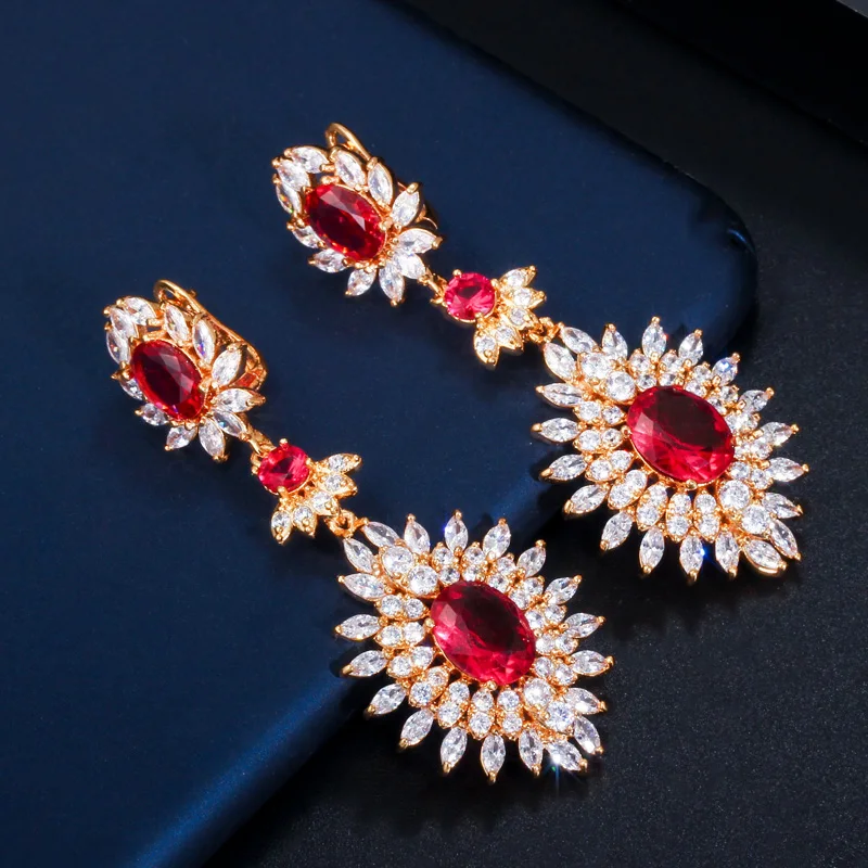 CWWZircons Yellow Gold Color Indian Red CZ Crystal Vintage Ethnic Bridal Long Big Wedding Earrings Jewelry for Women CZ301