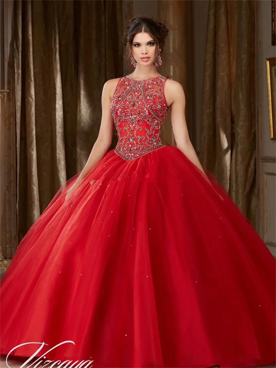 Vestidos de quinceañera rojos con espalda abierta, vestido de baile con cuentas de diamantes de imitación, vestidos de quinceañera baratos de princesa 2016