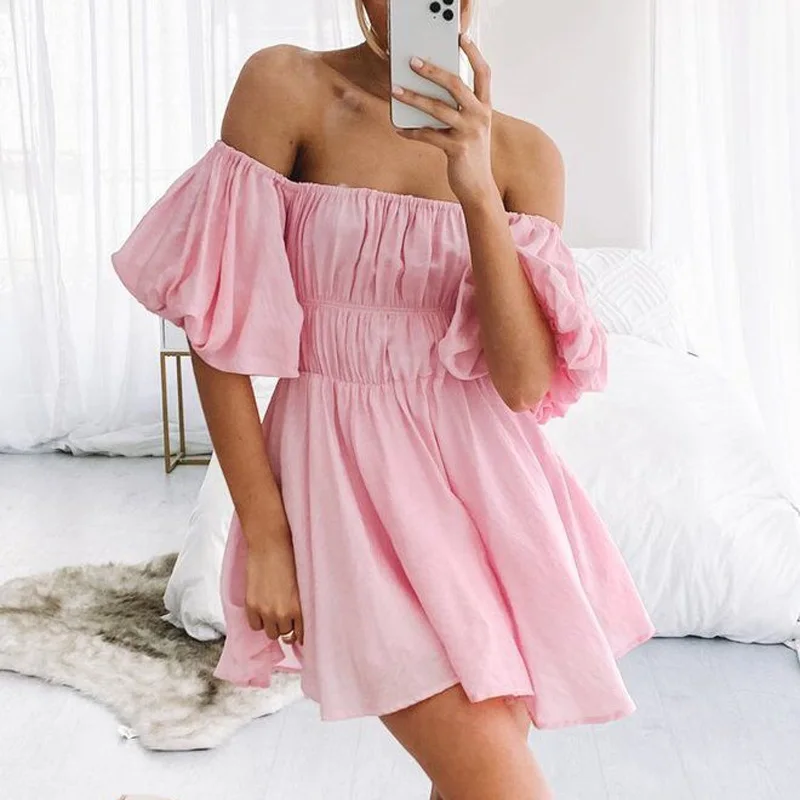 Kobiet elegancka z bufkami rฤkaw Mini sukienka Sexy Off ramiฤ solidna sukienka imprezowa lato sลodka pani elastyczny pas plaลผa sukienki Vestidos