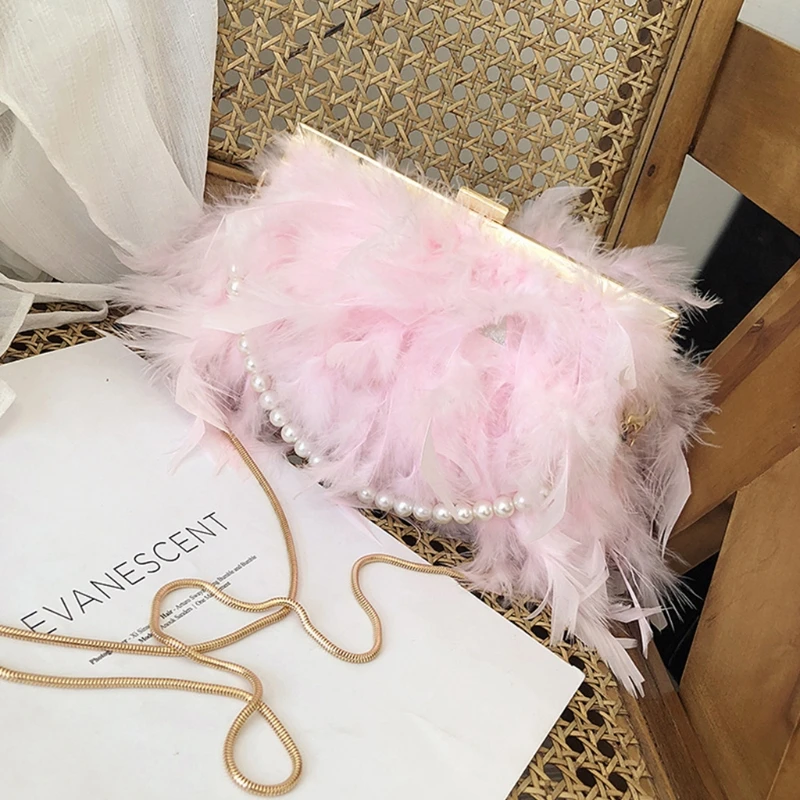 Evening Dinner Bag Feather Handbag Pearl Strap Crossbody Bags Luxury Clutch Bag Wedding Party Prom Clutch Purse