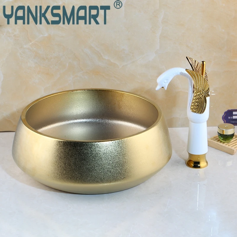 

Bathroom Swan Basin Faucet Set Bowl Sinks Vessel Basins Ceramic Basin Sink Polished Golden Faucet Tap Set Golden Ceramic