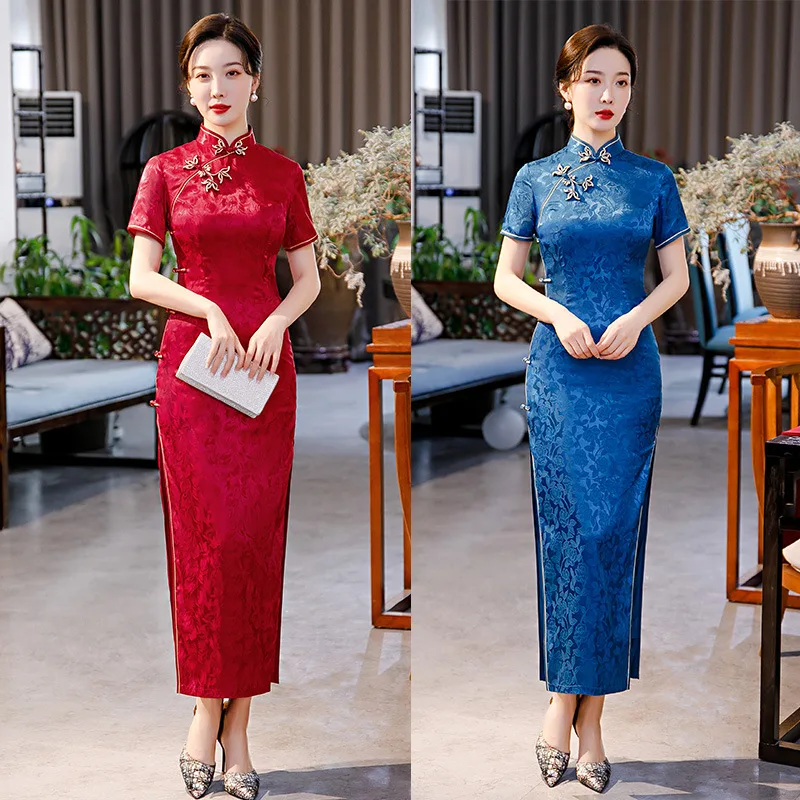 

Chinese Style Women Short Sleeve Slim Printe Artificial Silk Jacquard Cheongsam Ladies Qipao Vintage Collar Tight Bodycon Dress