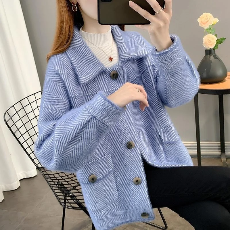 Korean Autumn Winter Thick Striped Mink Cashmere Woolen Coat Women Student Outerwear Loose Short Big Pocket Woolen Jacket Female