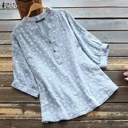 Letni kwiat bluza z nadrukiem ZANZEA kobiety w stylu Vintage z krótkim rękawem topy Casual V Neck bluzka w roślinny wzór Femininas luźne Blusas