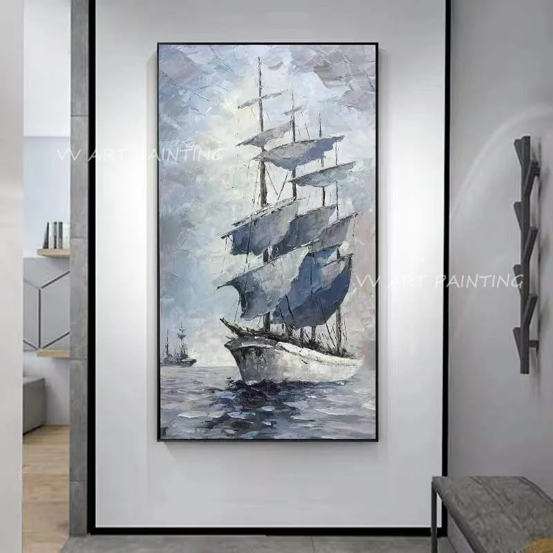 

100% Handmade Modern Abstract boat on ocean sail Oil Painting Modern Picture for Living Room Aisle Fashion Wall Art Decoration