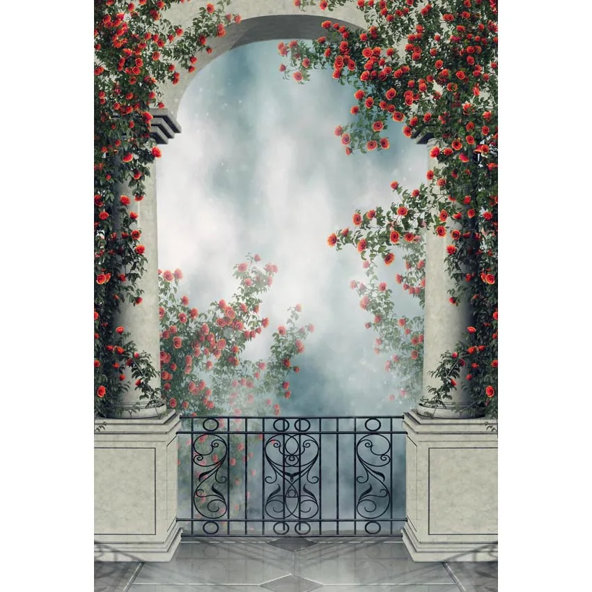 5x7ft   Beautiful Red Flowers Hallway White Fog Custom Photo Studio Background Backdrop Vinyl  220cm x 150cm