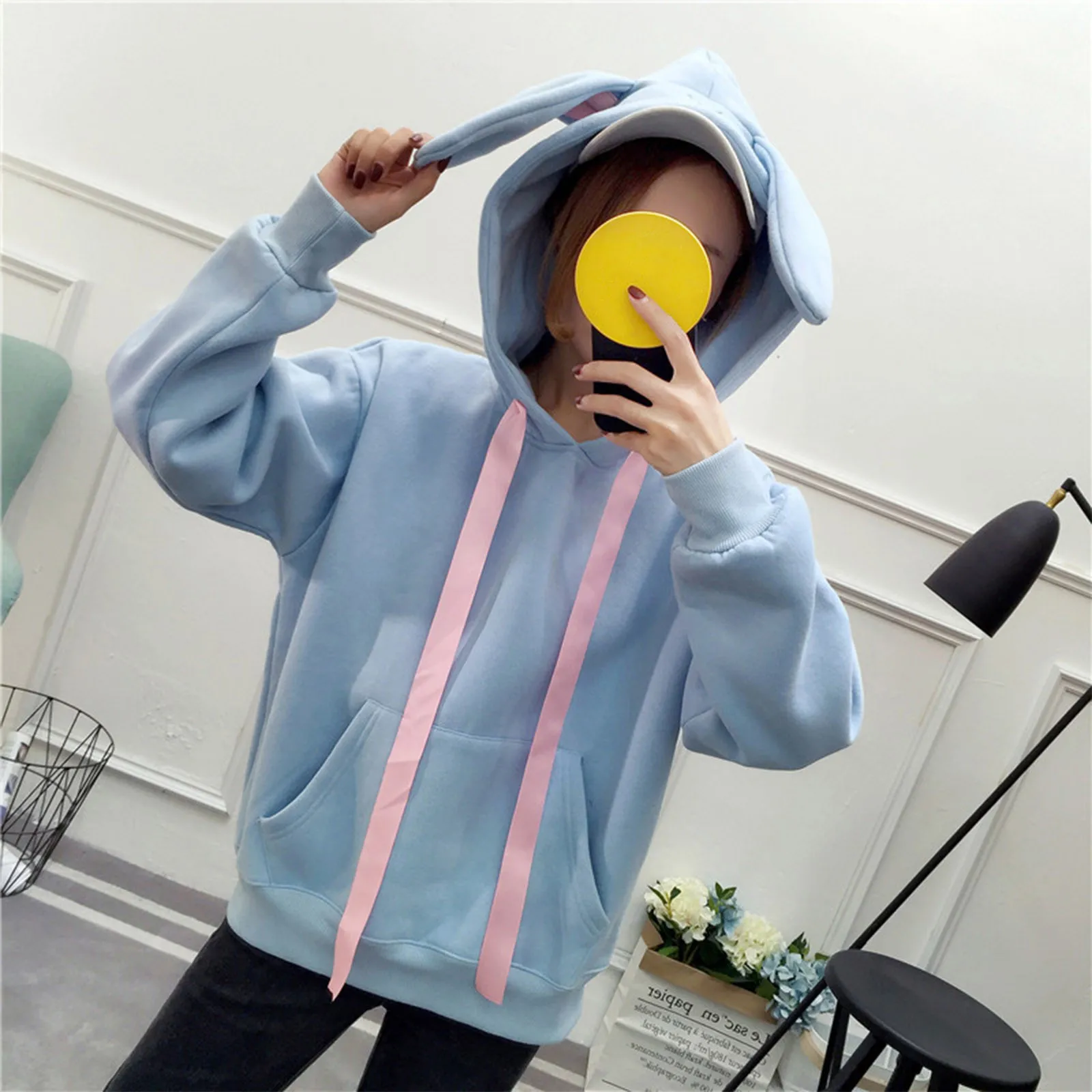 Fashion Autumn Winter Bunny Hoodie Women Rabbit Ears Top Hoodie Long Sleeve Loose Sweatshirt Kawaii Pink Tops Худи Оверсайз