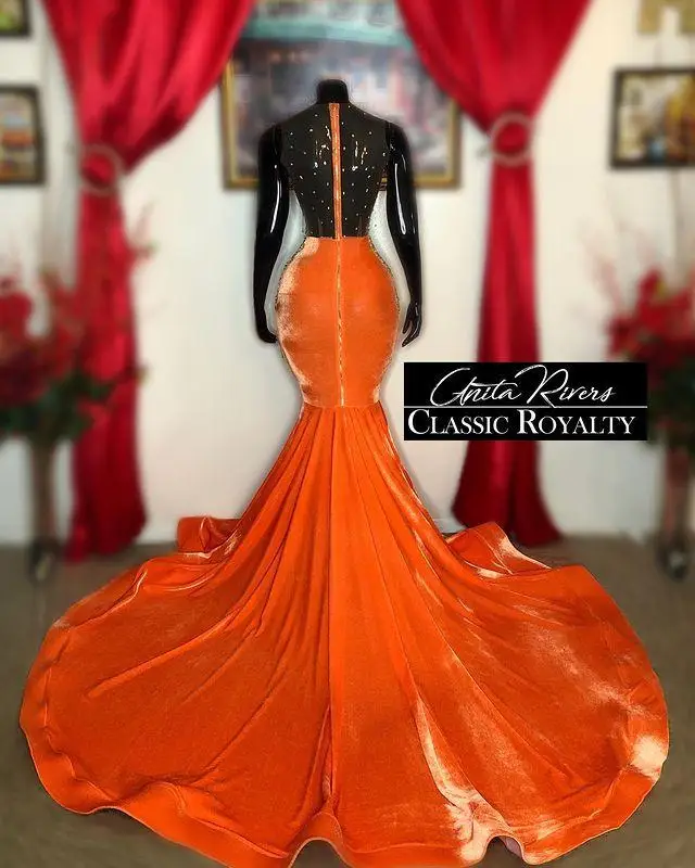 Lange Oranje Mermaid Prom Dresses 2021 Kralen Crystal Afrikaanse Plus Size Vrouwen Formele Partij Avondjurken