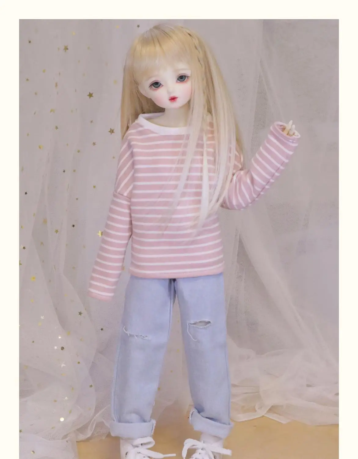 

BJD doll dress is suitable for 1/4 MSD daily stripe round neck T-shirt hoodie with versatile long-sleeve jeans doll accessories